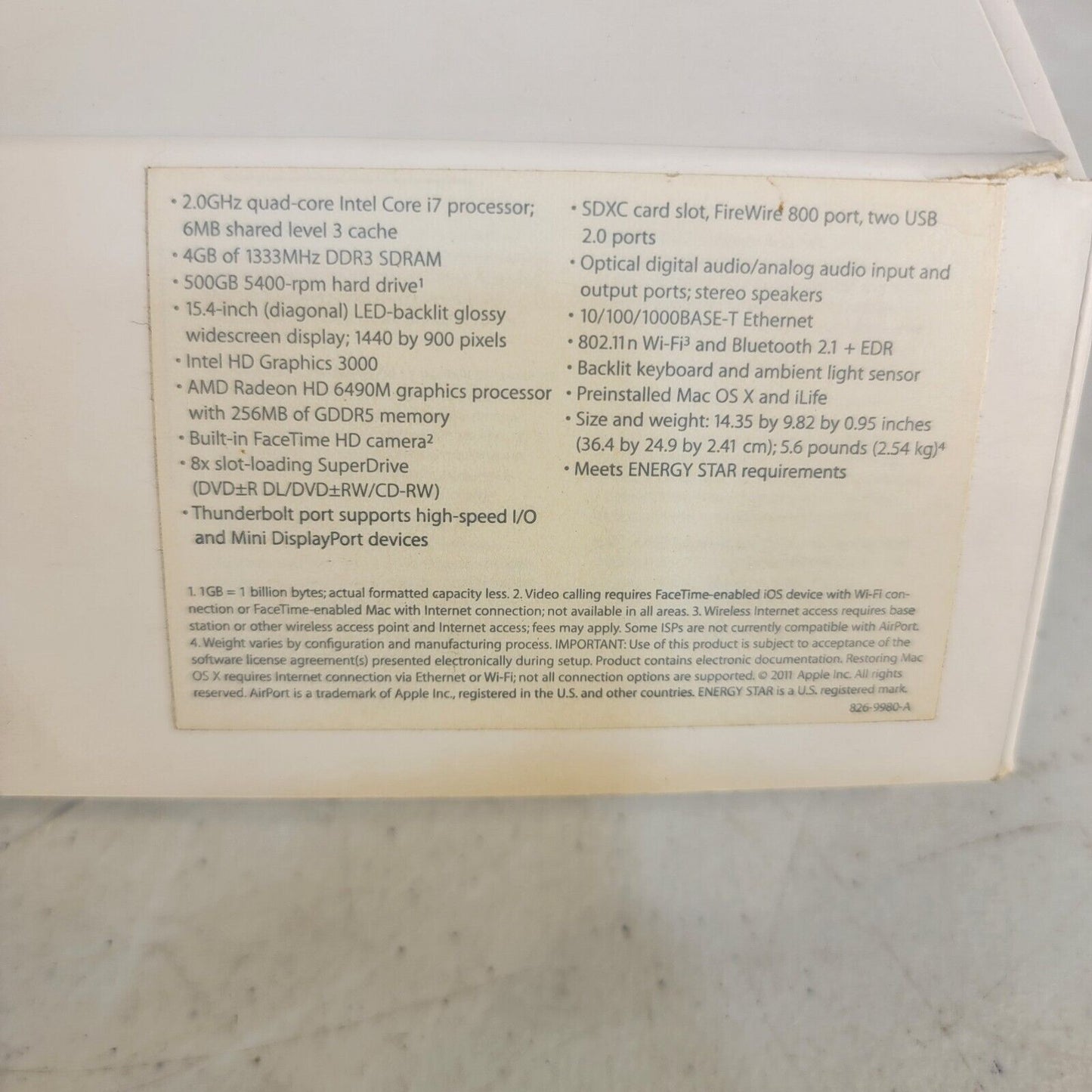 Apple MacBook Pro BOX ONLY A1286 MC721LL/A 15.4 Inch 2.0 GHz i7 Early 2011