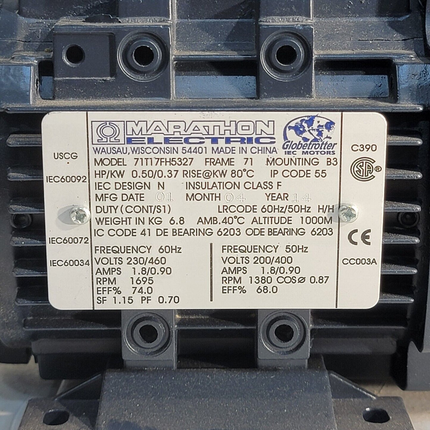 Marathon Electric 1/2 HP 1695RPM 230/460VAC 3PH IP55 71T17FH5327