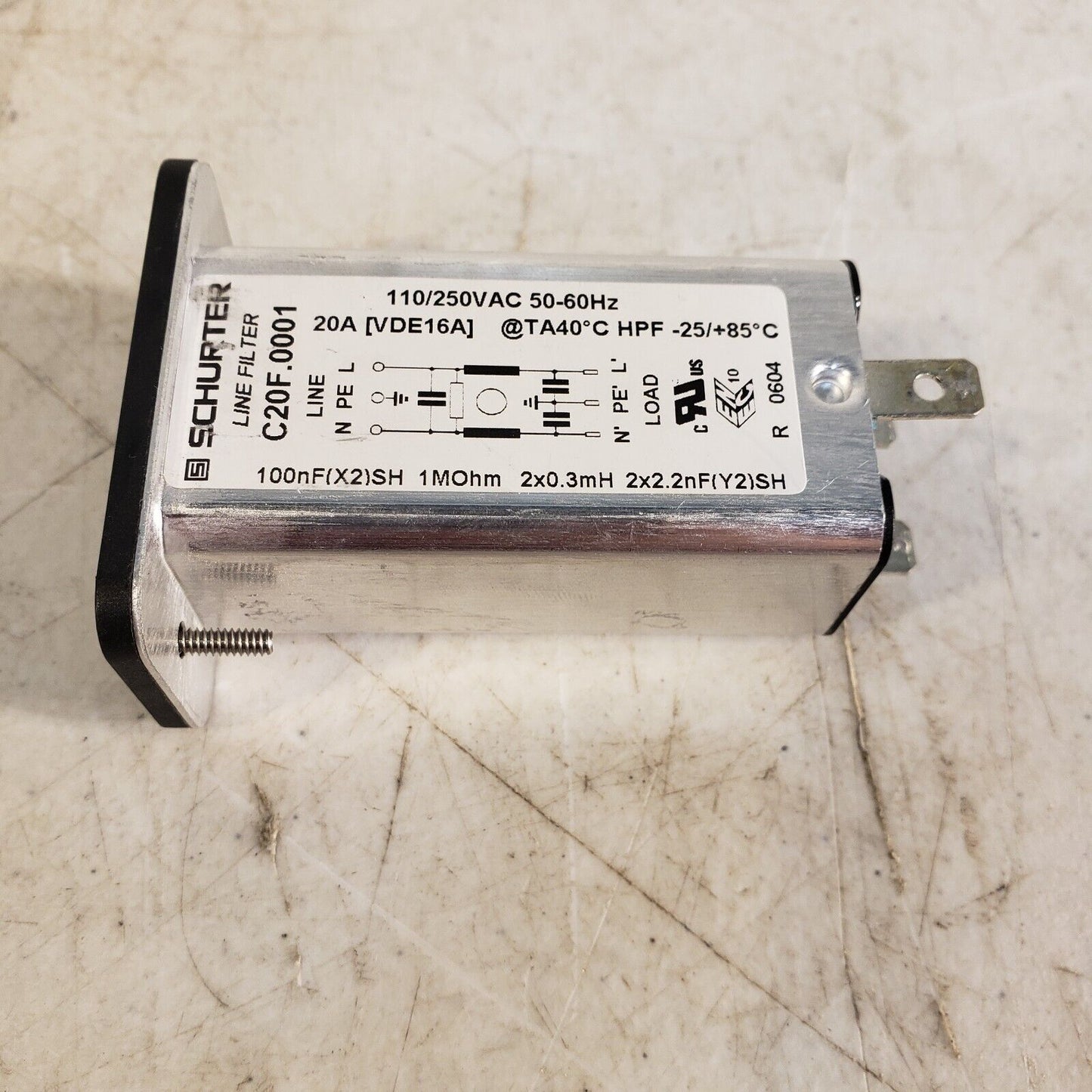 Schurter C20F.0001 Line Filter 110/250VAC 50-60Hz 20A 100nF 1MOhm