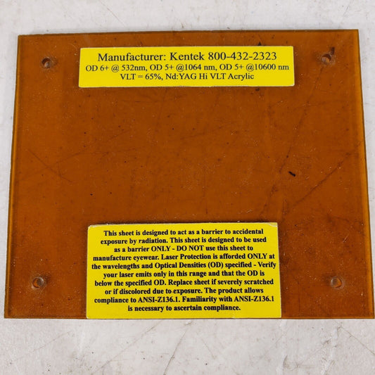 Kentek Acrylic Plate OD 6+ @532nm, OD 5+ @1064nm, OD 5+ @10600nm Laser Shield