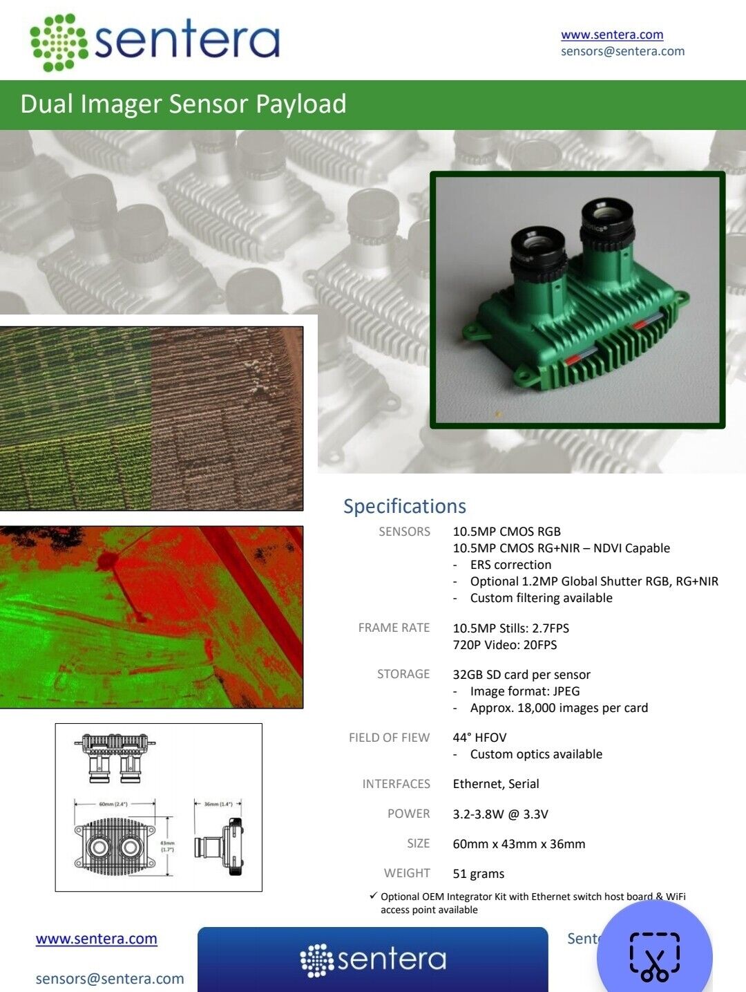Sentera 21900-00 10MP D4K Dual Imager Sensor Drone Payload Ag Research