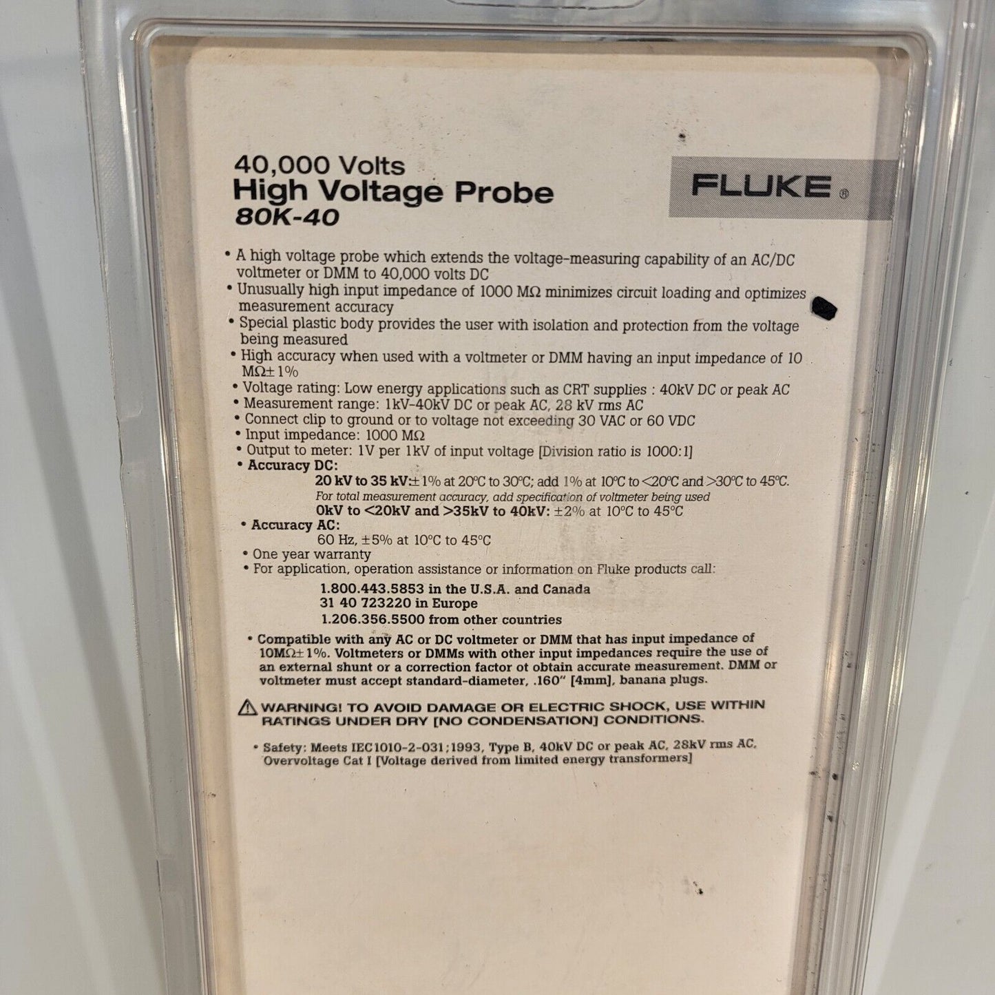 Fluke 80K-40 High Voltage Probe 40kV 40,000 Volts DC AC