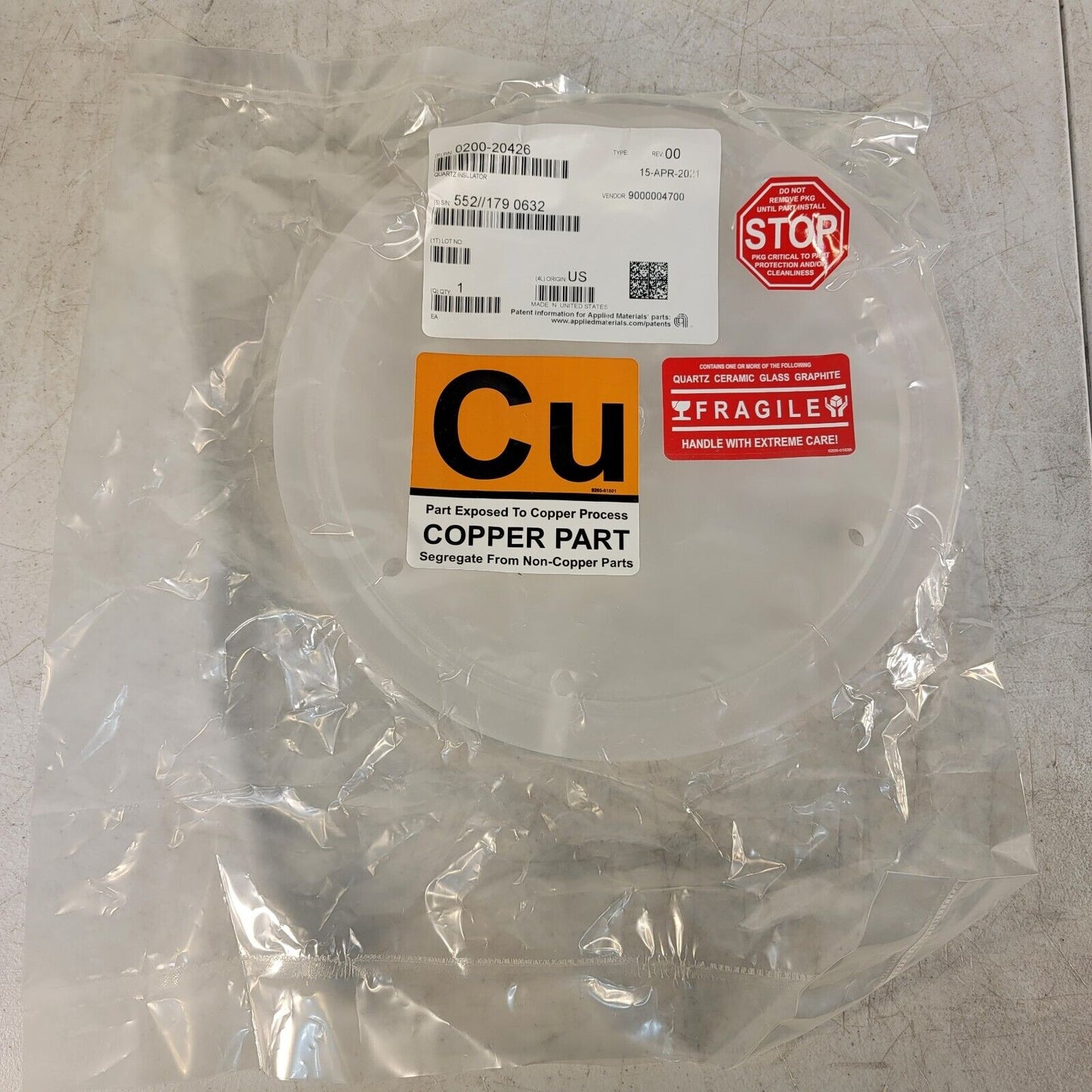 AMAT 0200-20426 Quartz Insulator Pinless 8" SNNF Preclean II 0200-20064