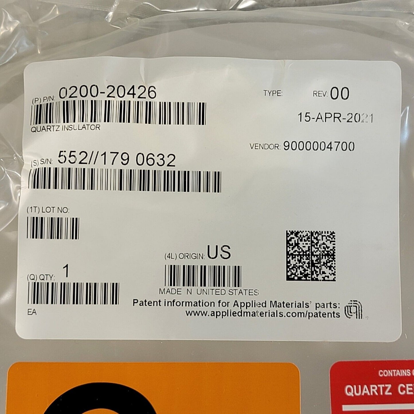 AMAT 0200-20426 Quartz Insulator Pinless 8" SNNF Preclean II 0200-20064